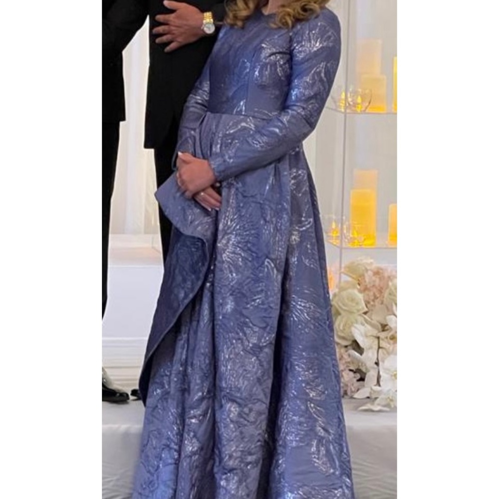 Fully modest slate blue gown